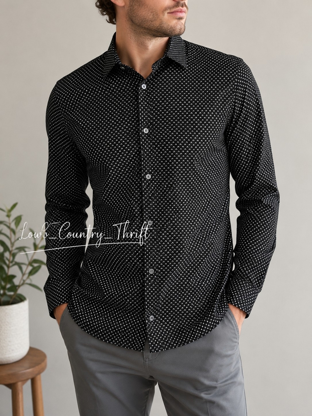 Michael Kors Slim Fit Untucked Length Black Print Button Shirt Men's Large